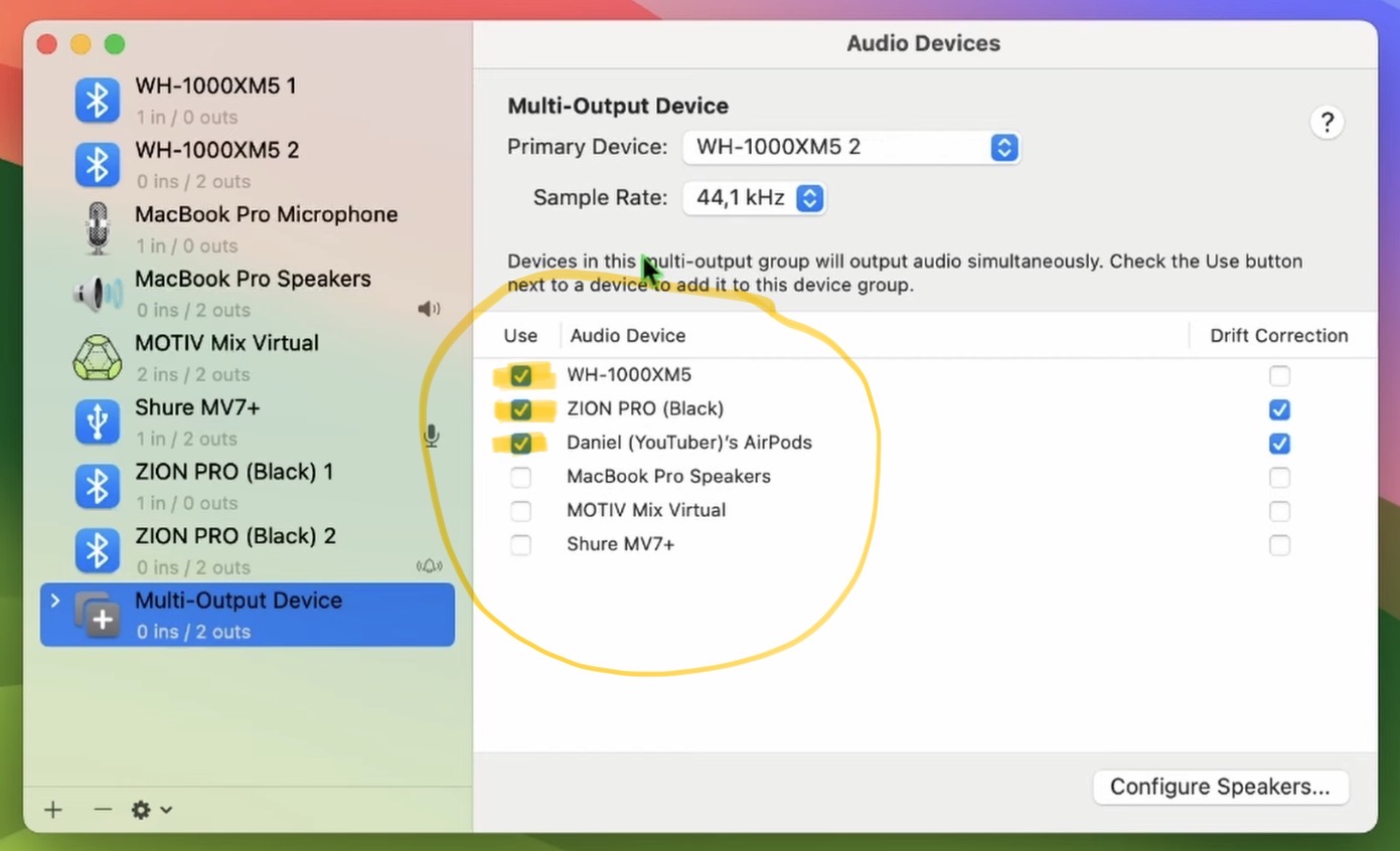 Now select only the Output Devices you want (in my case the three connected Bluetooth Devices). To see your devices this is why you first have to make sure that all of them are connected.