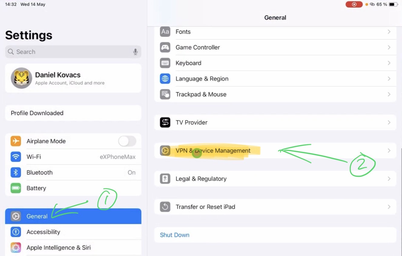 Open the iPad Settings and under General scroll down to "VPN & Device Management".