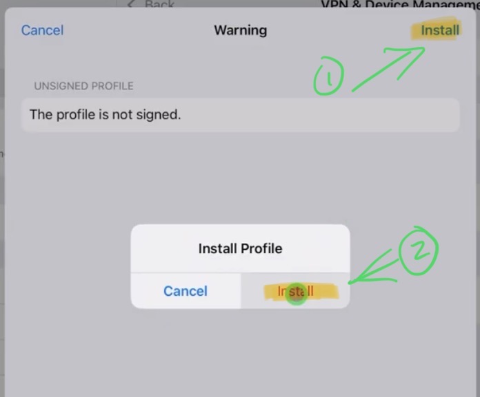 Click on Install (1) and Install (2) again.
