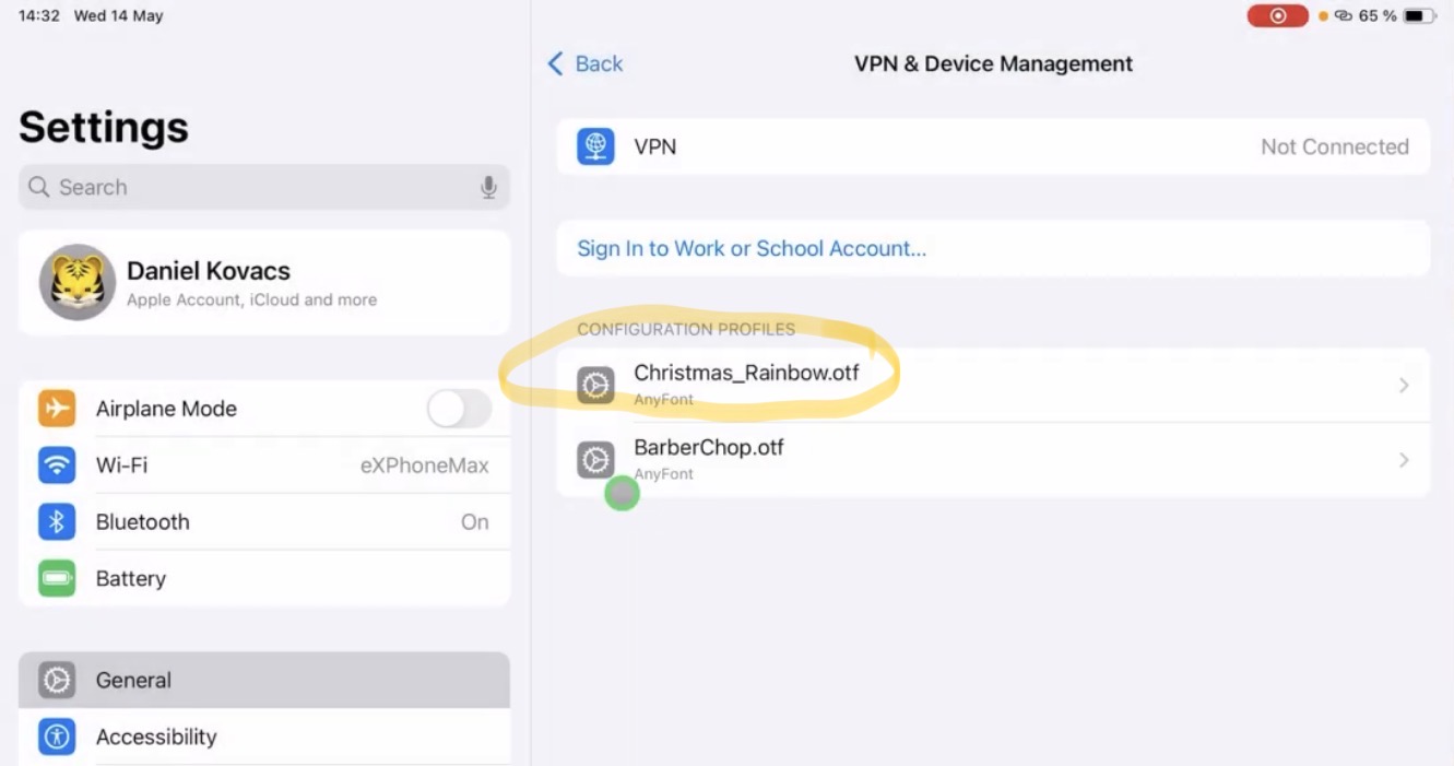 Now the new Font Profil is in the Configuration Profil List.