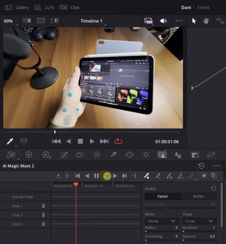 Sometimes the AI is so good that even one point alone is enough. But for better results add one or two additional points. To start tracking click the icon with the two arrows (forward and backward).