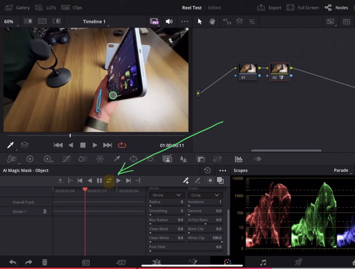 To track the object click on the icon with tracking in both directions (forward and backward), because we selected our object in the middle of the clip.