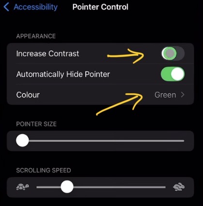 Step 3: Here you can increase the Contrast of the Pointer and even change the Colour.