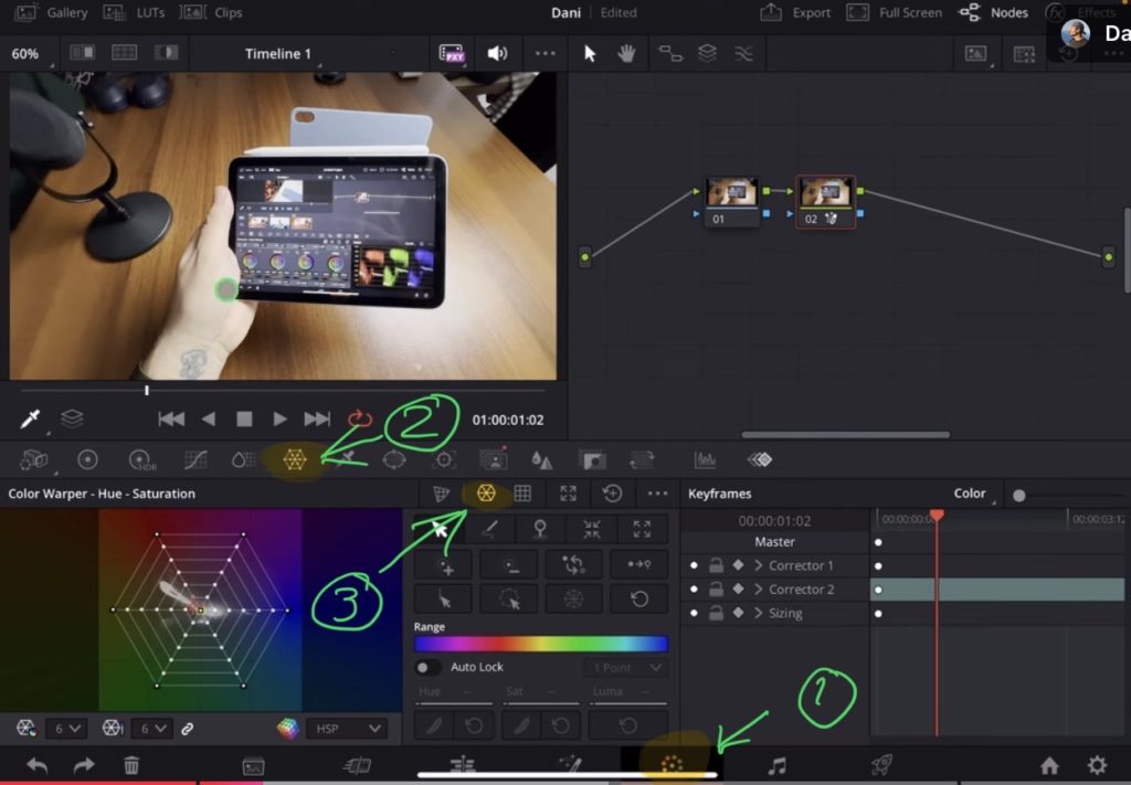 To find the Warper Tools go to the Color Page (1) and click on the Warper Icon (2) and the original Warper is the middle icon (3).