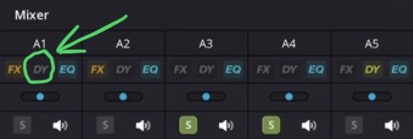 On top of each audio track you will also find these 3 icons. FX (Audio Effects), DY (Dynamics) and the EQ (Equalizer). When we click on the DY this will open the Dynamics Effects Window for that specific audio track.