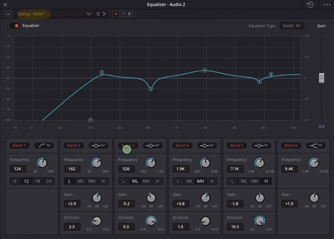 And you see the EQ changes to the preset settings. And all of these are applied same like with the Dynamics before only to the selected Audio Track. That means every audio clip you place on this audio track will get these settings applied.