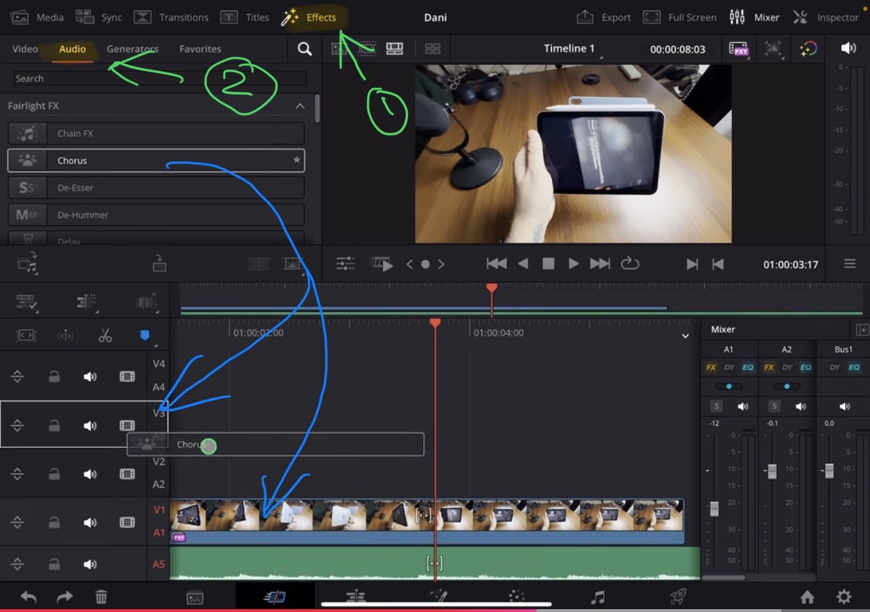 To understand the FX icon you have to know that DVR for iPad has a ton of Audio Effects that you can apply either to a clip directly or you can drag & drop it straight to the Audio Track. Then same like the DY and EQ these audio effects will be effecting the entire track.