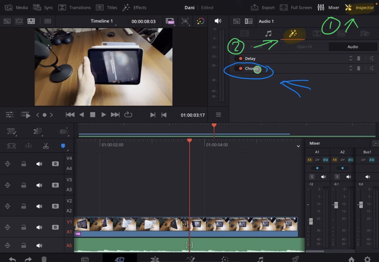 To see what Audio Effects you already applied to the audio track, select the audio track and open the inspector. The third icon shows the effects.