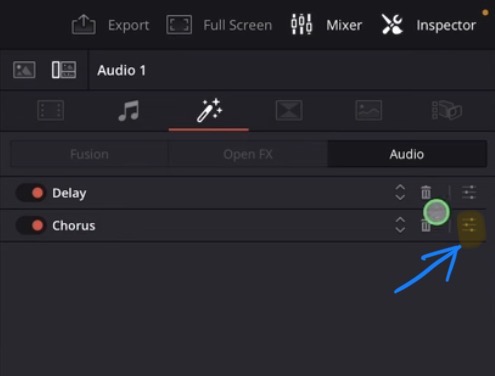 Each audio effect has his own effects window. If you closed it and want to come back to the settings simply click on the little settings icon on the right of the effect.