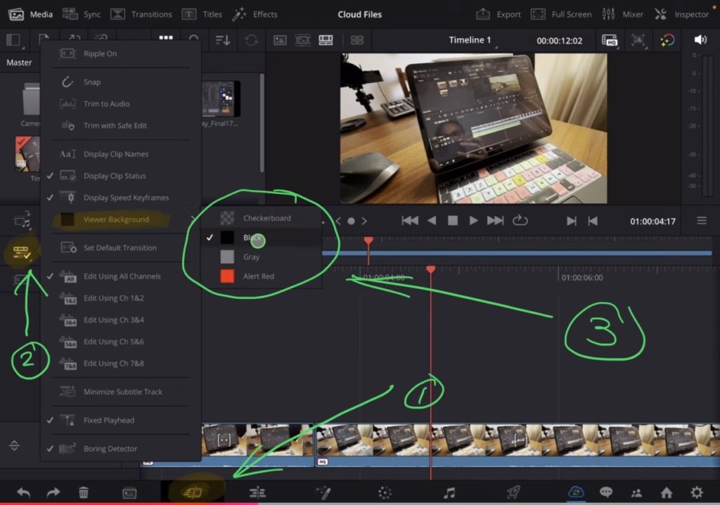In the Cut Page (1) click on the icon on the left (2) of the timeline and choose "Viewer Background" (3).