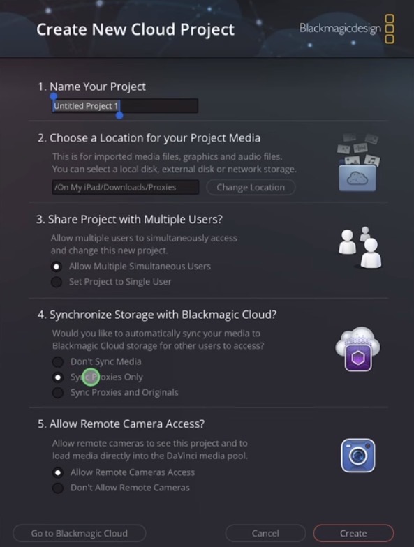 After you click on "New Project" you will get this window here where you can change alot of the settings how you want to work with this Cloud Project.