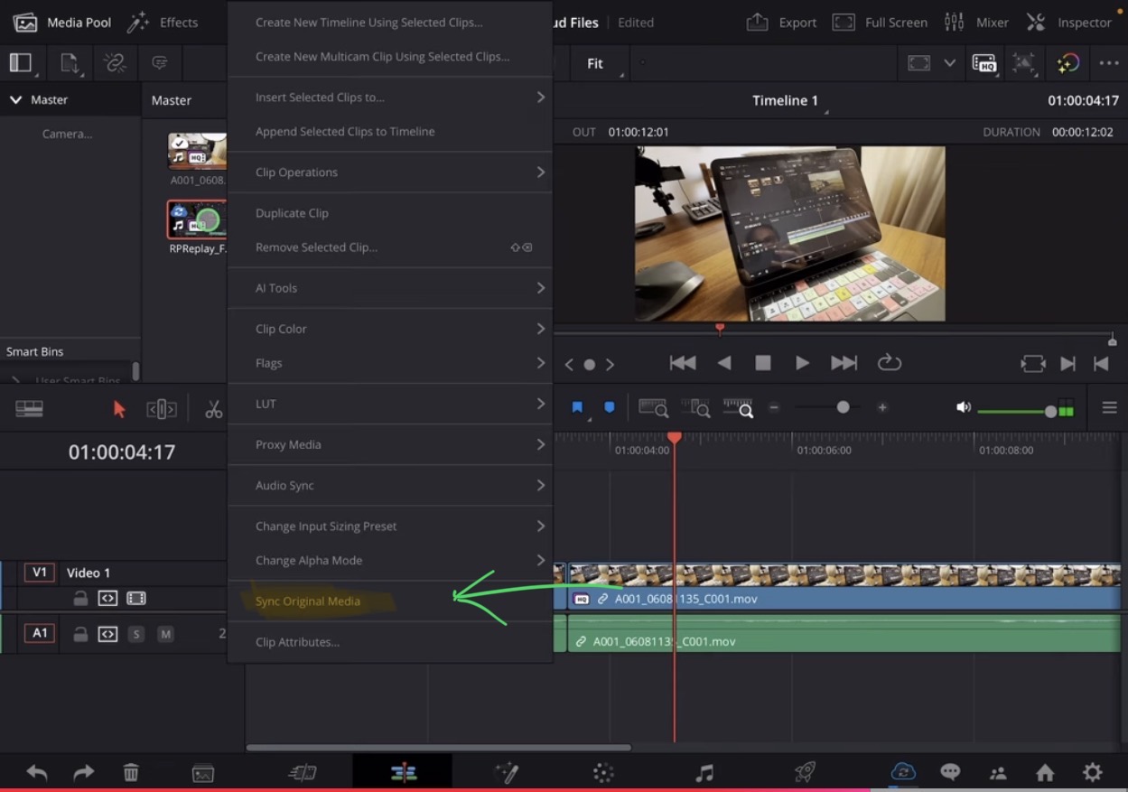 In my example project i kept the setting on sync only Proxy Files. That means if i add a new Media to the project from my iPad it will only upload the Proxy to the BM Cloud. And in the most cases this is what you want. But what if you need to sync that one original file? Easy, in the Edit Page, right click on the File and select "Sync Original Media".