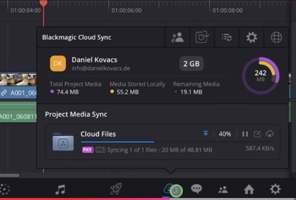 In a BM Cloud Project you also see your Cloud Storage and upload/download information on the bottom of DVR.