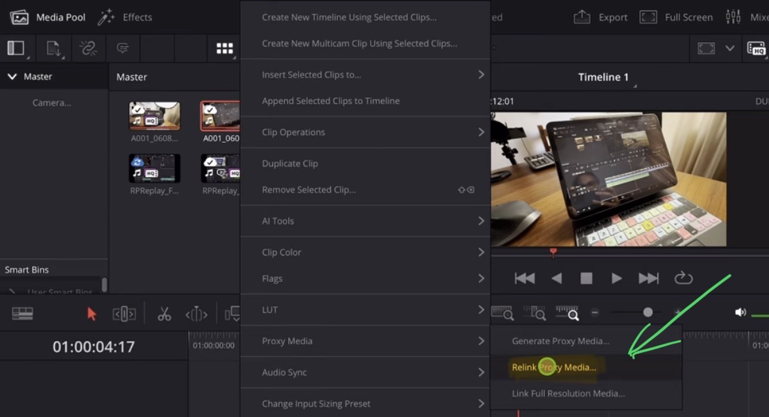 To fix this we have to tell DVR that these files are the Proxy Media. In the Edit Page right click and click on Proxy Media "Relink Proxy Media...".
