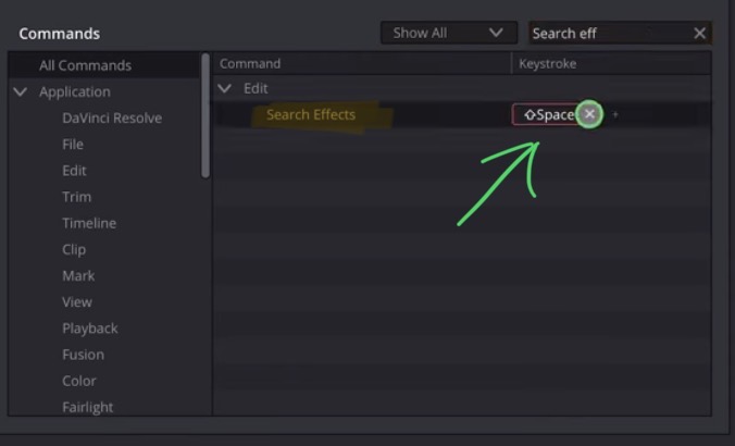 But if you use your own custom shortcuts you have to give the features "Search Effects" a shortcut in order to make it work.
