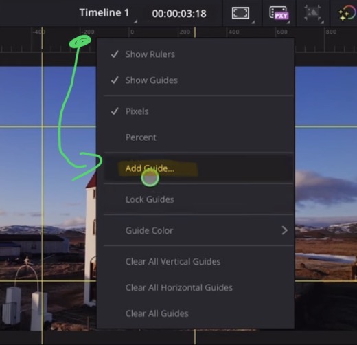 Another way to add a new Guide by right click (longer press) on the ruler and choose "Add Guide...".