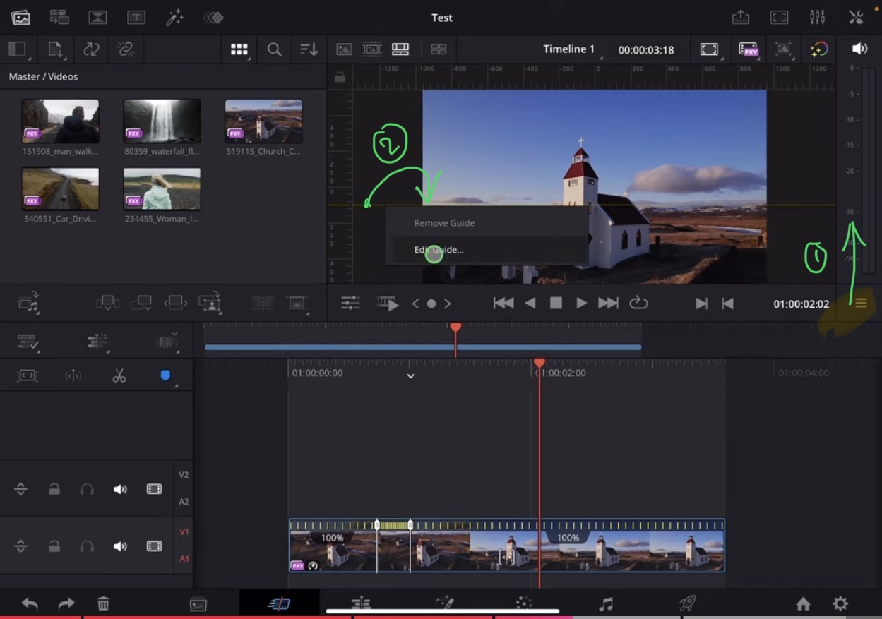You can do this in the CUT PAGE aswell but because we can't use the two fingers for zoom in or out in the viewer we have to change the layout position of the viewer and timeline. To edit the horizontal guides make the timeline bigger an then you have space left and right of the viewer video.