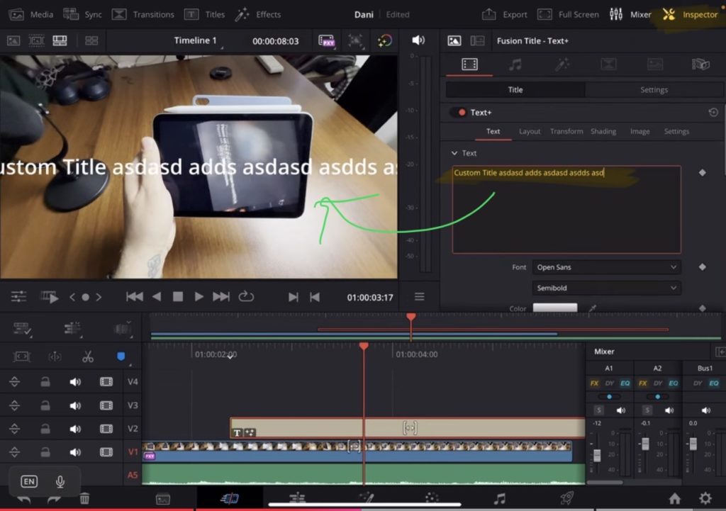 Select the Text+ clip and open the inspector and write your line.