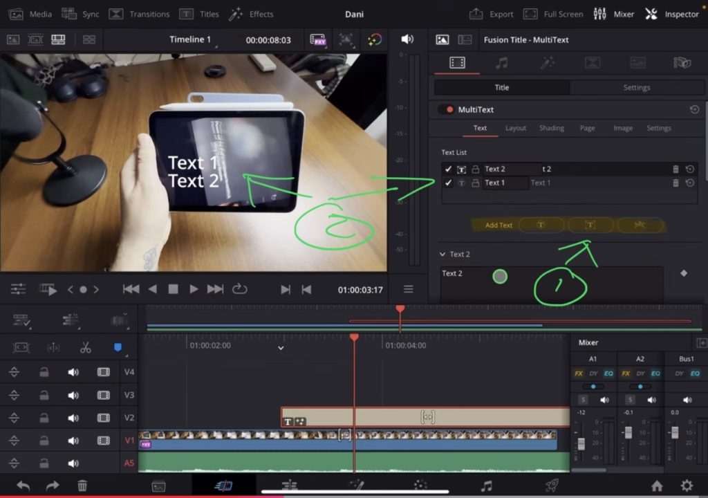 Select the MultiText Clip and open the inspector and you will see that you can add multiple text lines with the Add Text buttons (1). The cool thing about that is that each Text layer can be stylized completely different.