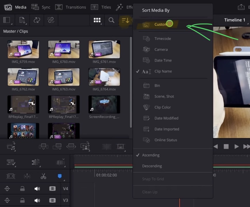 To change to the Custom sorting change it where you normally would change all the sorting settings and choose "Custom".