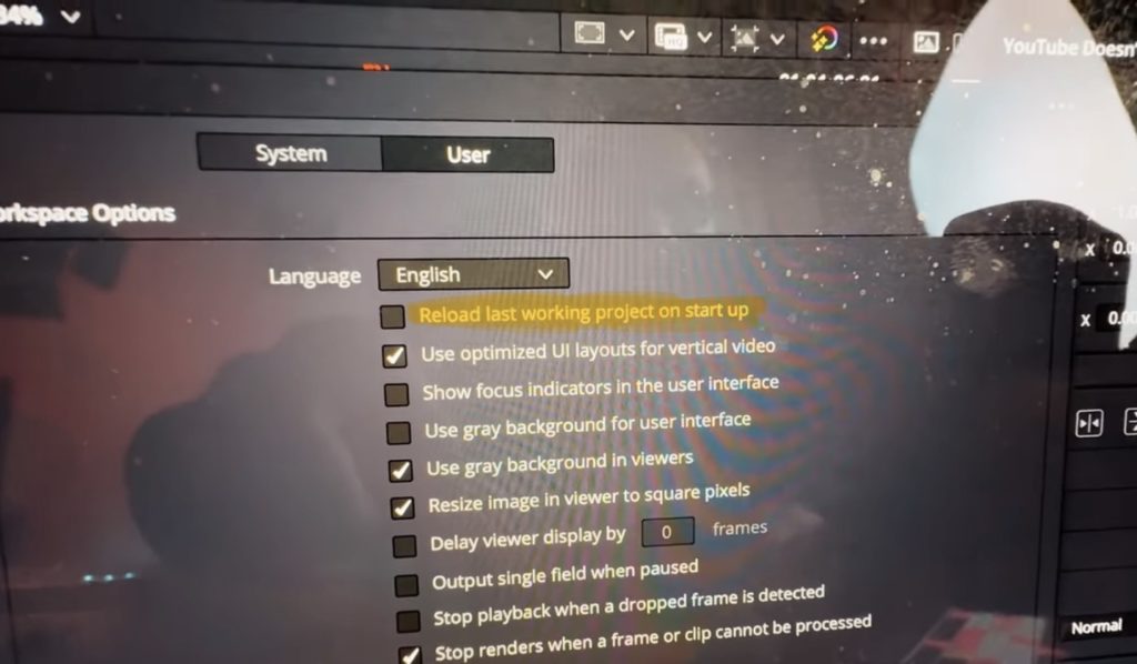 When we go to the DaVinci Resolve Preference on Desktop we see under User that there is a checkbox for "Reload last working project on startup".