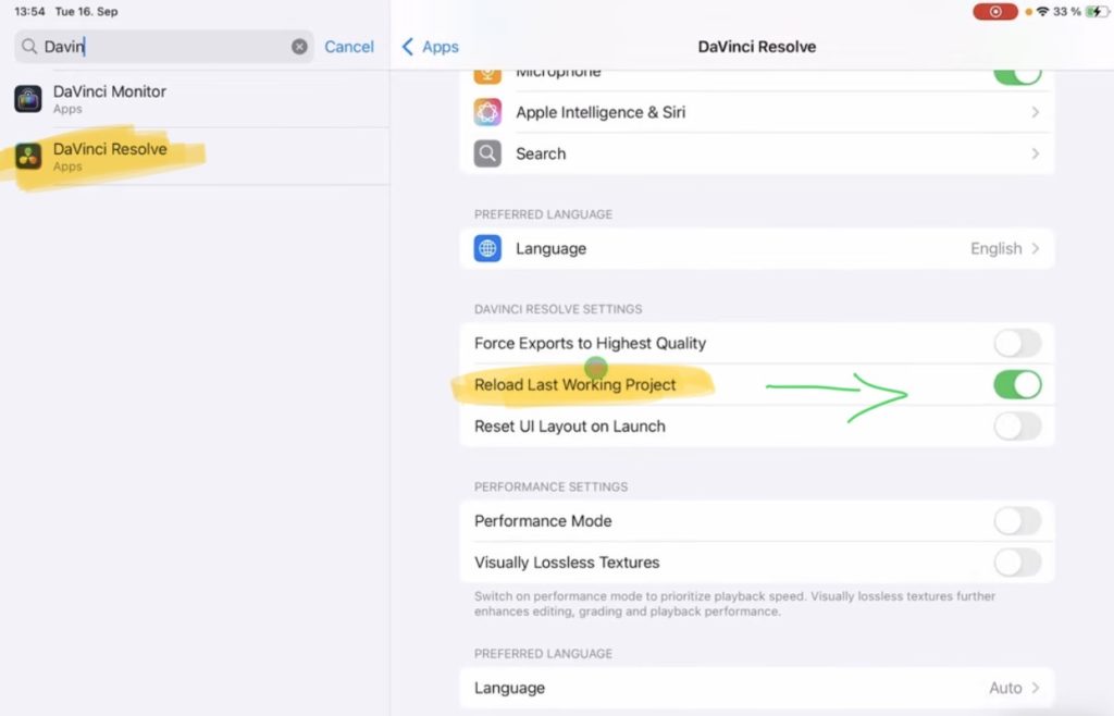 On the iPad you have to open the iPad Settings and search for DaVinci Resolve and there you find the slider for "Reload working project on startup".
