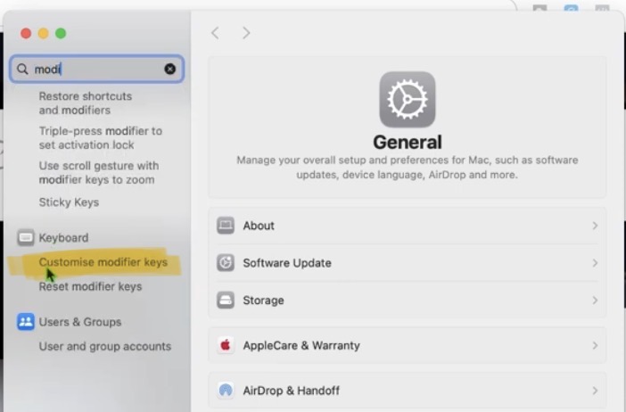 Open the settings on your Mac and search for modify keys.