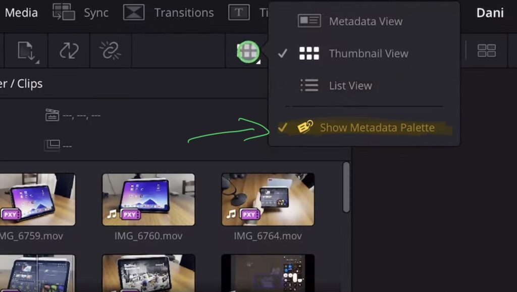 The metadata palette icon is located at the top of the media pool. Click this icon to show or hide the metadata palette while in thumbnail view.