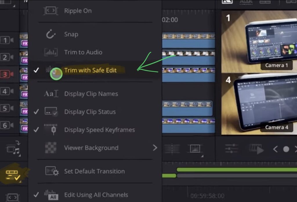 Klicke in der Cut Page auf das Icon neben der Magnetic Timeline, um den Trim with Safe Edit Modus zu aktivieren