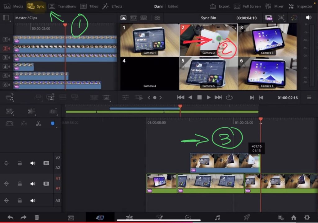 In the sync bin (Multicam) showing different camera angles that you can drag with your mouse or pencil to draw onto the timeline.