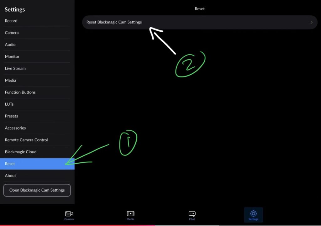 Scroll to the bottom of Settings and tap Reset → Reset Blackmagic Camera Settings to fix the Platform option not being clickable.