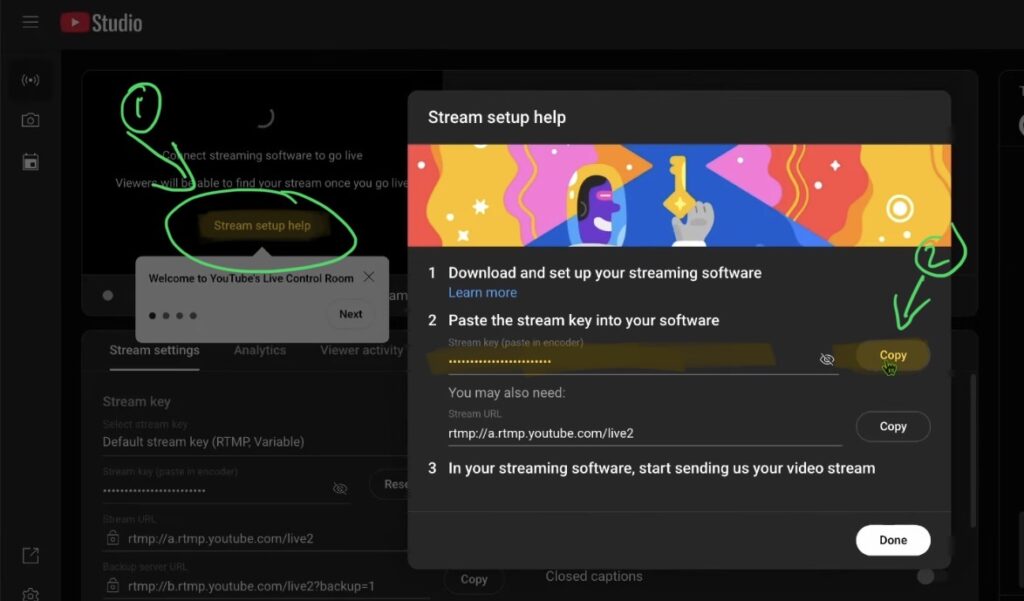 In YouTube Studio Go Live, switch to External Software and copy the Stream Key from the Stream Setup section.
