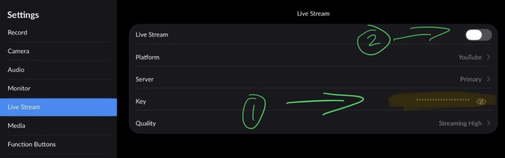 Set the Platform to YouTube, paste your Stream Key into the Key field, then tap Go Live. Your iPad camera is now live on YouTube.
