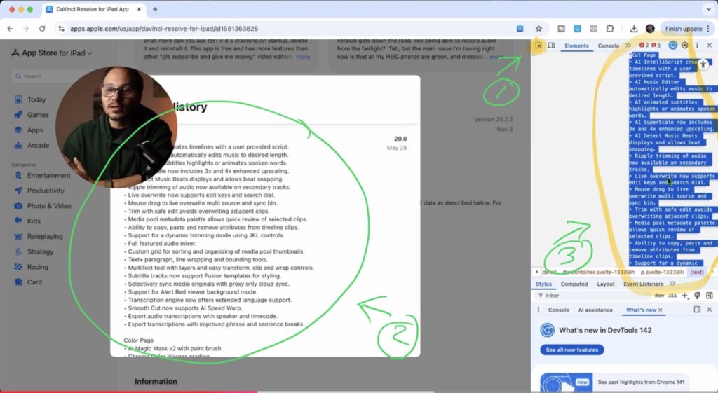 Right-click on the page and choose Inspect to open Chrome DevTools. Use the element selector icon (top-left) to select and copy individual text blocks from the inspector panel.