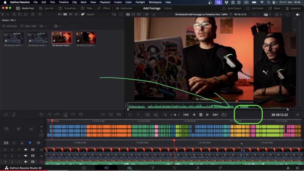 The Cut Page timeline view on the desktop version showing the In and Out point buttons visible in the timeline but missing in the media pool preview window