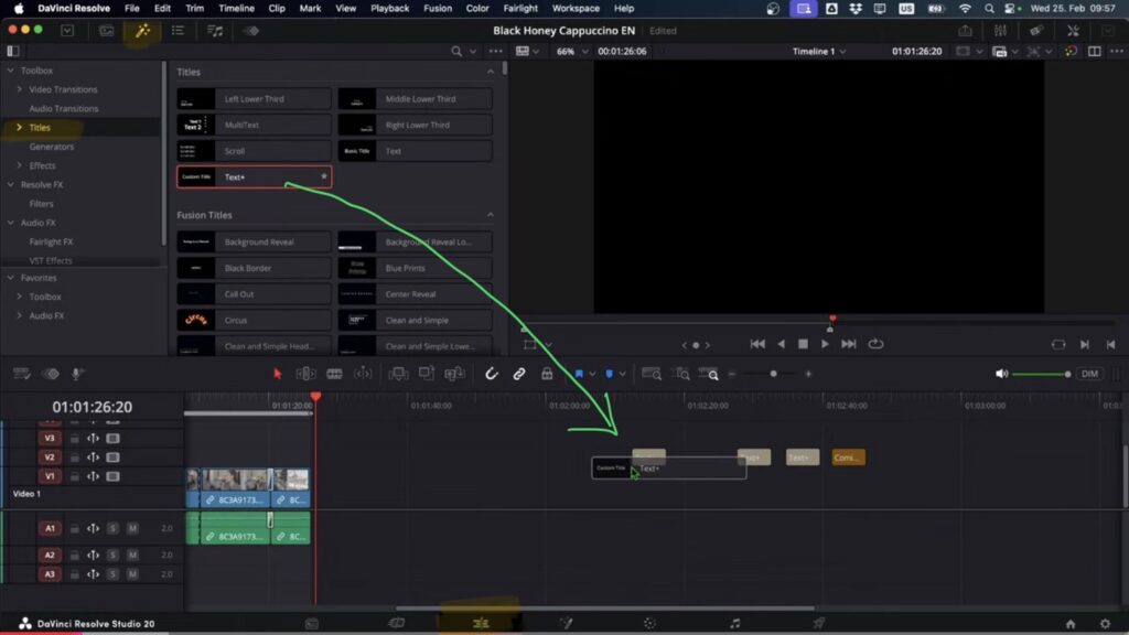 Text+ hat zusätzliche Tabs wie Layout, Transform und Shading, die im Basic Title nicht verfügbar sind.