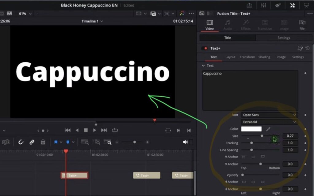 Der Text+ Inspector mit Schriftart, Größe, Stärke, Tracking und Ausrichtungseinstellungen.