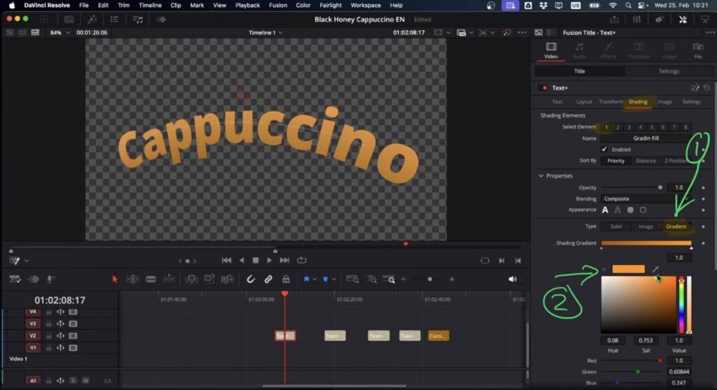 Ebene 1: Gradient Fill von Braun zu Orange mit Mapping auf Word eingestellt.