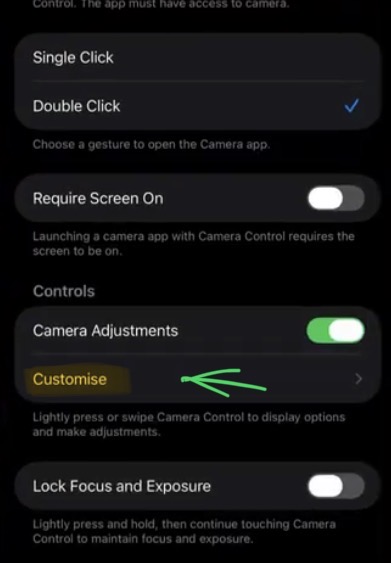 Unter Camera Adjustments tippe auf Customize.