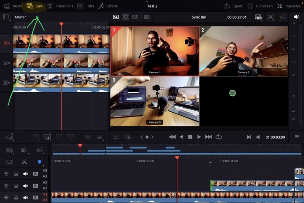 Wenn du auf das Sync Clip Icon klickst, kannst du sehen, dass dieses Projekt mehrere Kamerawinkel hat.