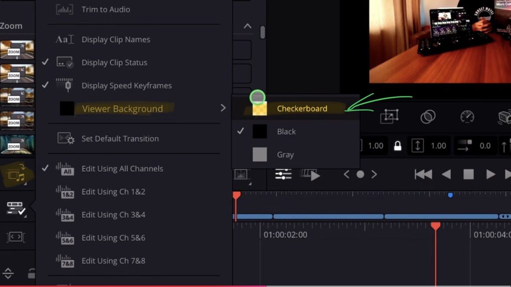 Gehe zu deinen Timeline Settings und ändere die Option View a Background auf Checkerboard, um transparente Bereiche im Viewer zu sehen.
