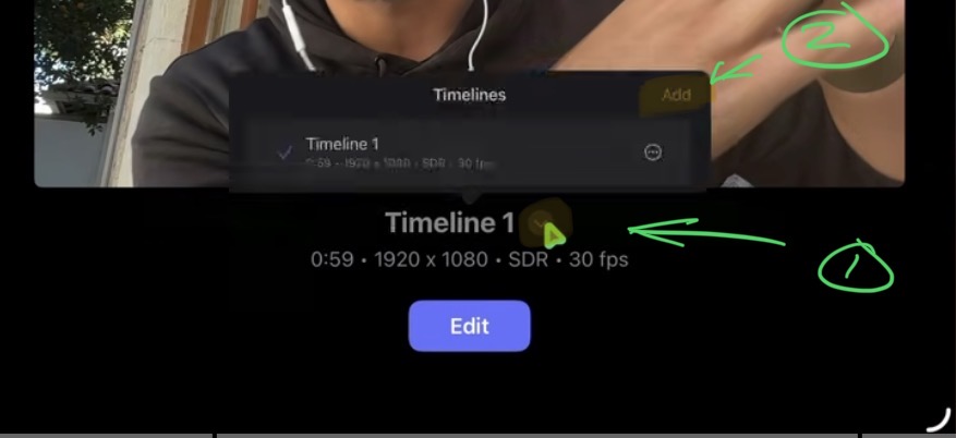 Um eine neue Timeline mit einem anderen Seitenverhältnis zu erstellen, klicke auf den Pfeil und wähle Add.
