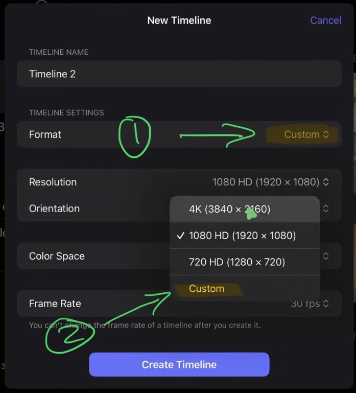 Unter Format ändere auf Custom und du kannst auch die Auflösung auf Custom ändern.