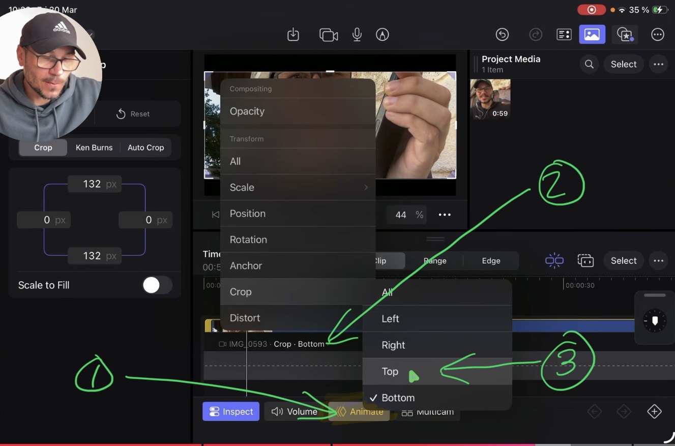 Um eine Animation hinzuzufügen, öffne den Animate-Button und ändere den Keyframe-Wert auf Crop from Top.