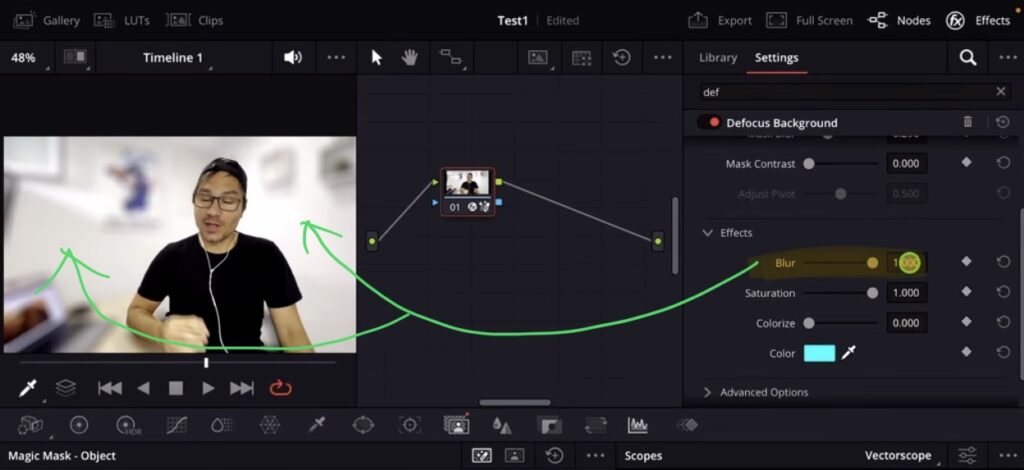 Das Defocus Background Einstellungsfenster mit Mask Anpassungen und dem Blurriness Regler zur Steuerung der Hintergrundunschärfe.