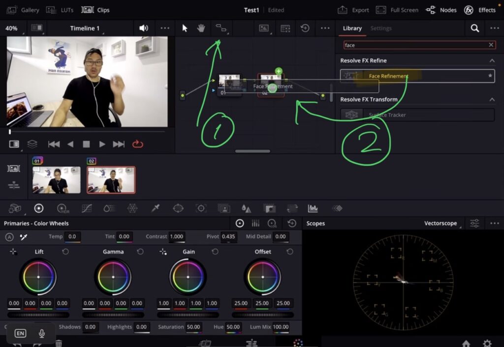 Öffne das Effects Panel in der Color Page und suche nach Face Refinement. Füge es einem neuen Node hinzu.