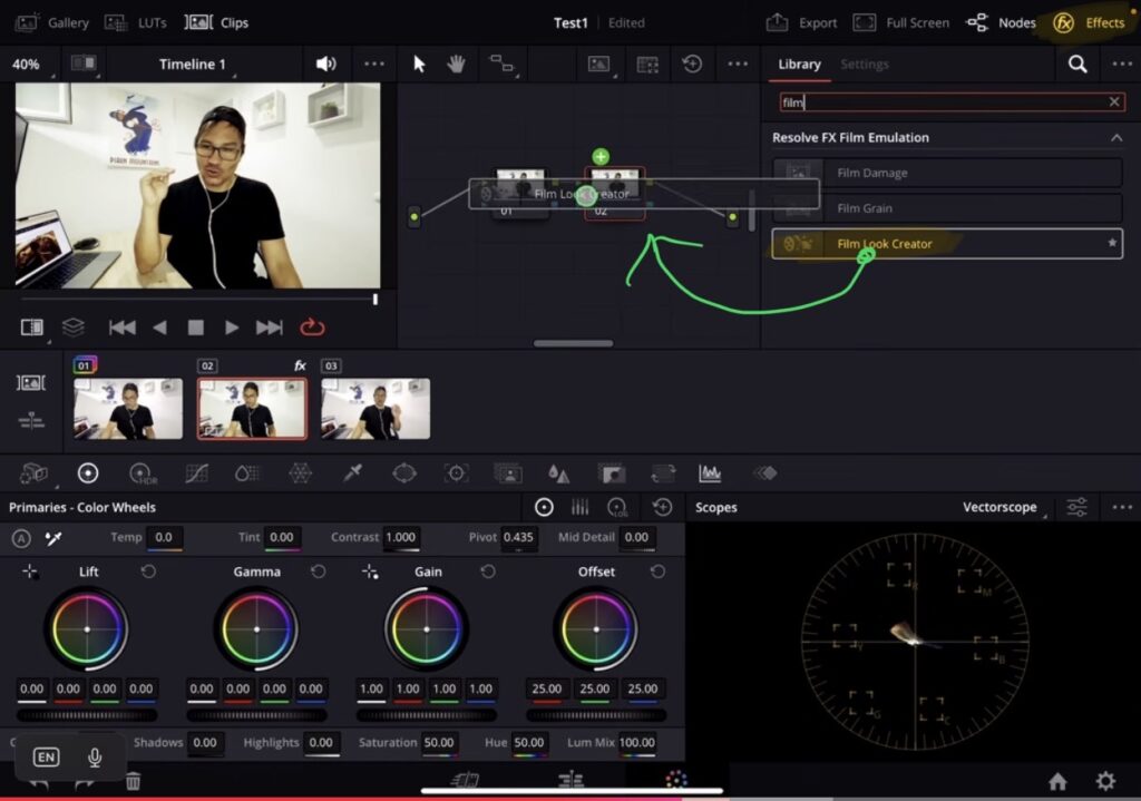 Auf der Color Page kannst du den Film Look Creator zu einer Node hinzufügen und alle Einstellungen von dort aus aufrufen.