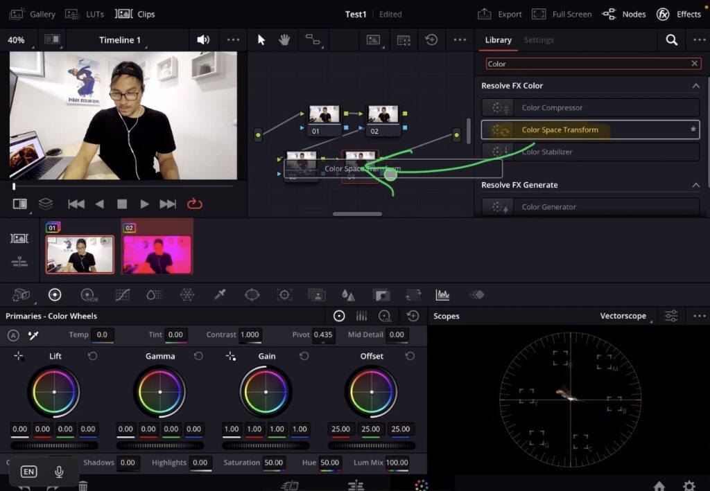 Schritt 1: Füge den Color Space Transform Effekt in DaVinci Resolve fürs iPad zu einem neuen Node in der Color Page hinzu.