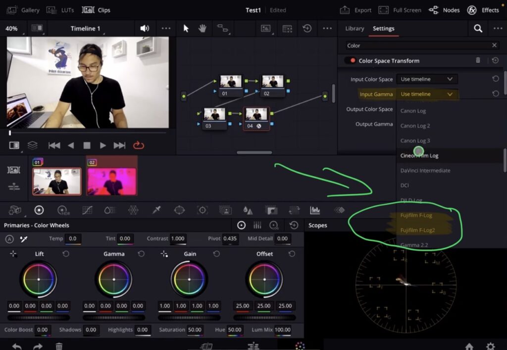 Im Color Space Transform Effekt änderst du das Gamma Input Dropdown auf Fujifilm FLog oder Fujifilm FLog 2.