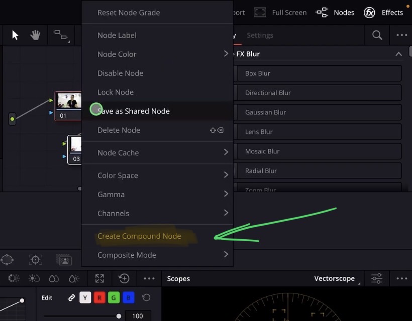 Select multiple nodes in the Color Page, right click and choose "Create Compound Node" to combine them into one single node.